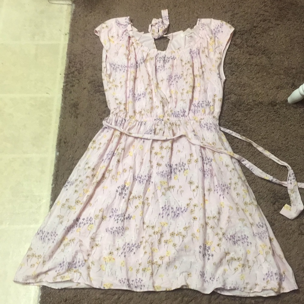 Pink Floral Scoop Neck Tie Dress
